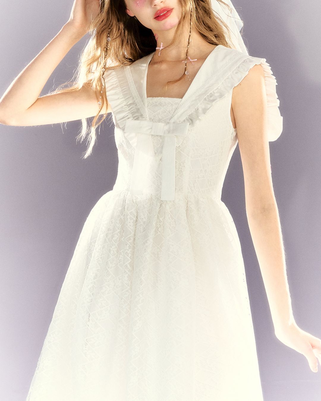 White Lace Sailor Collar Dress　DR023