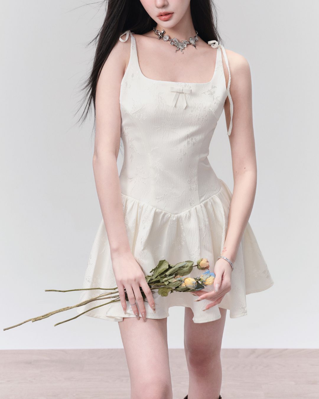 Jacquard Ribbon Camisole Mini Dress　DR022