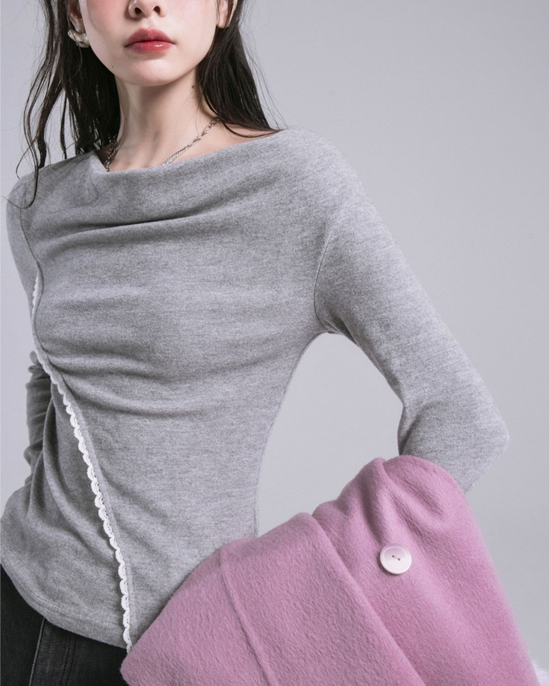 Draped Boat Neck Lace Seam Top　TP046