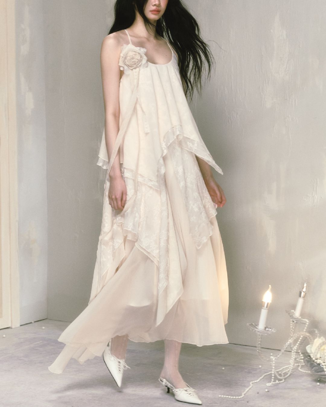 Rose Brooch Lace Asymmetrical Dress　DR013