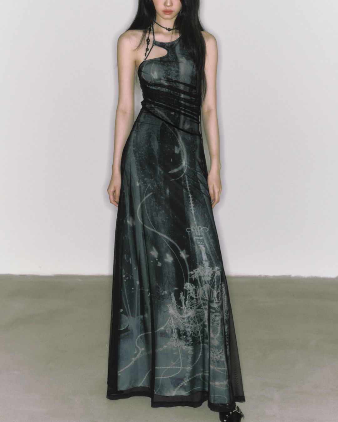 Mesh Print Beaded Halter Neck Long Dress　DR014