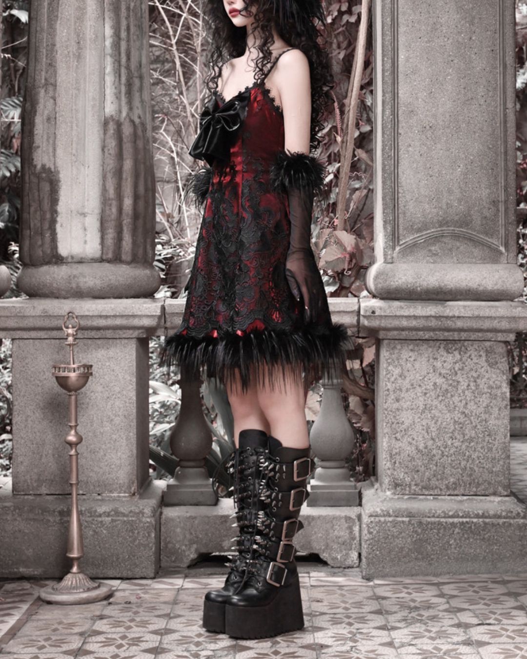 Black Lace Leather Ribbon Dress　DR034