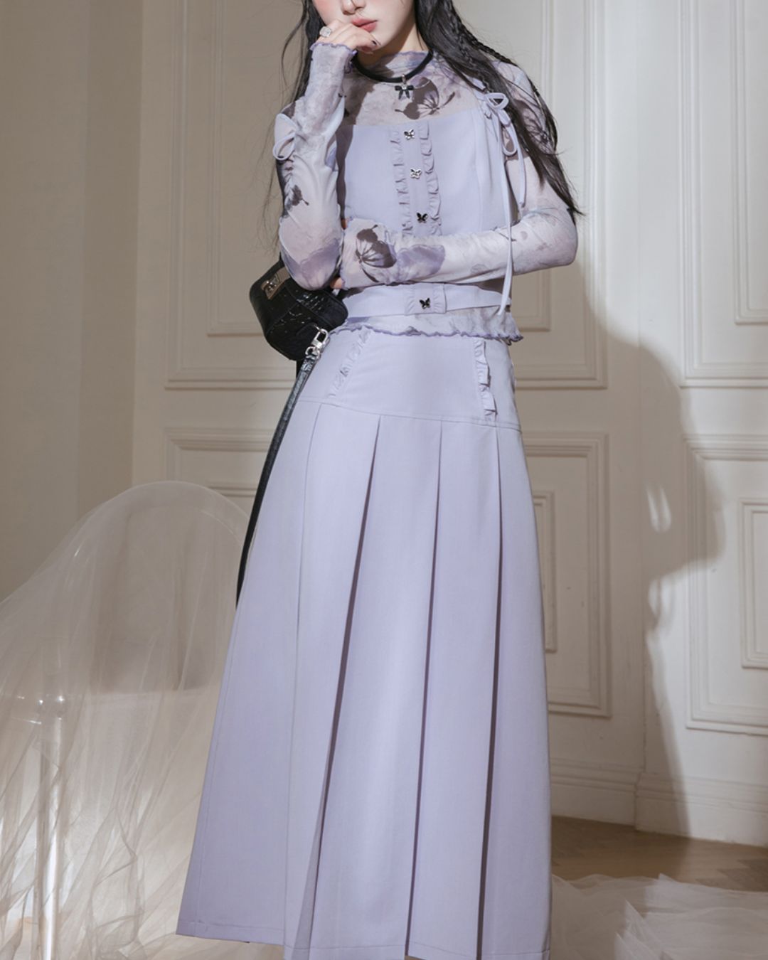Butterfly Sheer Top & Vest & Pleated Skirt　TP024