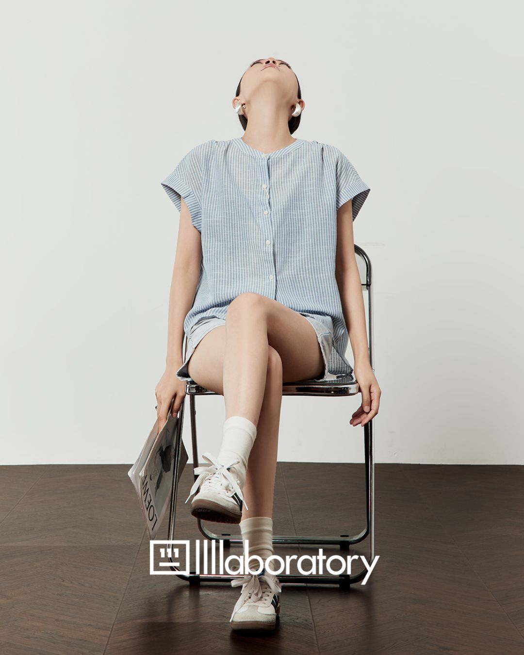 Blue Striped Collarless Shirt　TP058