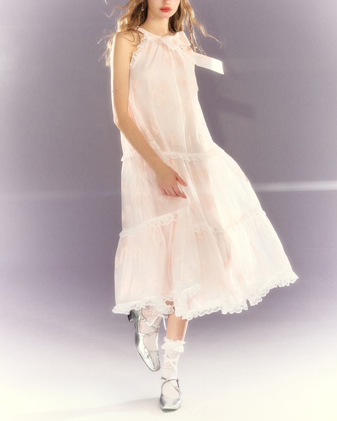 Halter Neck Floral Tiered Lace Long Dress　DR025