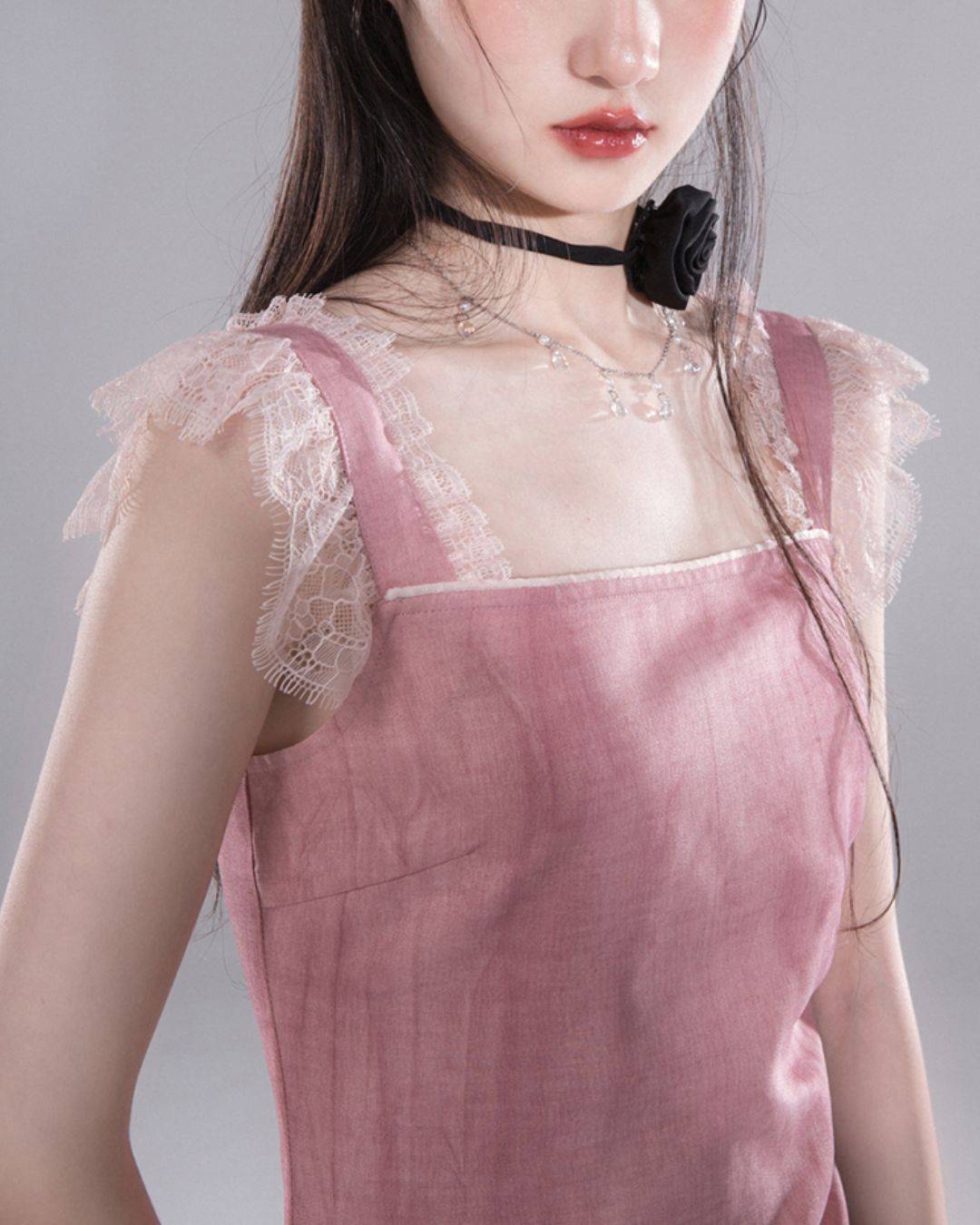 Side Waist Drawstring Lace Embellished Long Dress　DR042