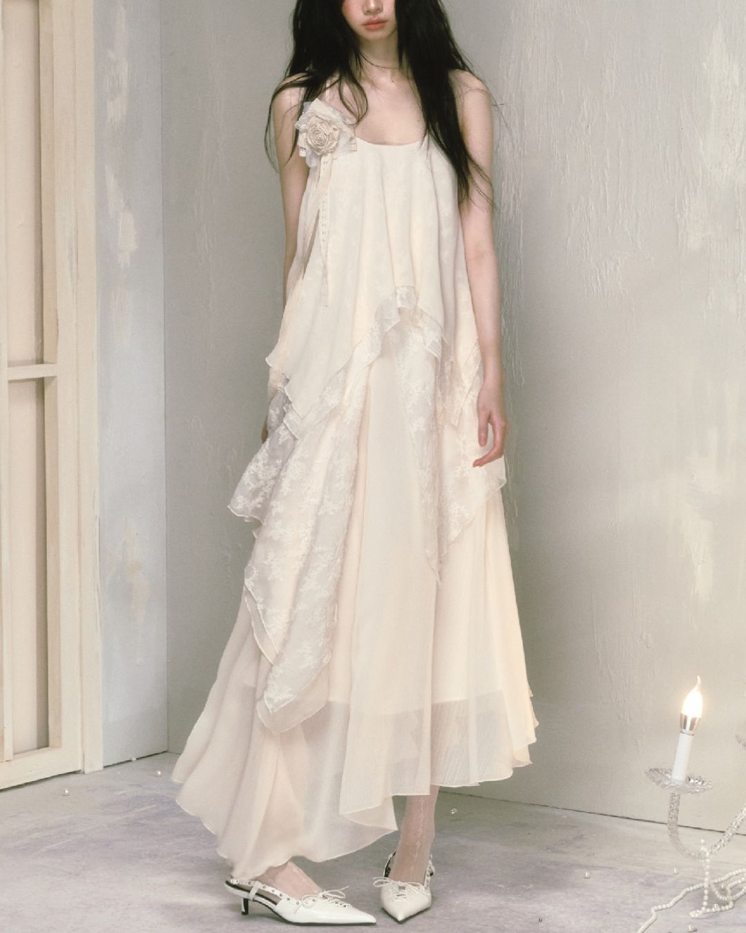 Rose Brooch Lace Asymmetrical Dress　DR013