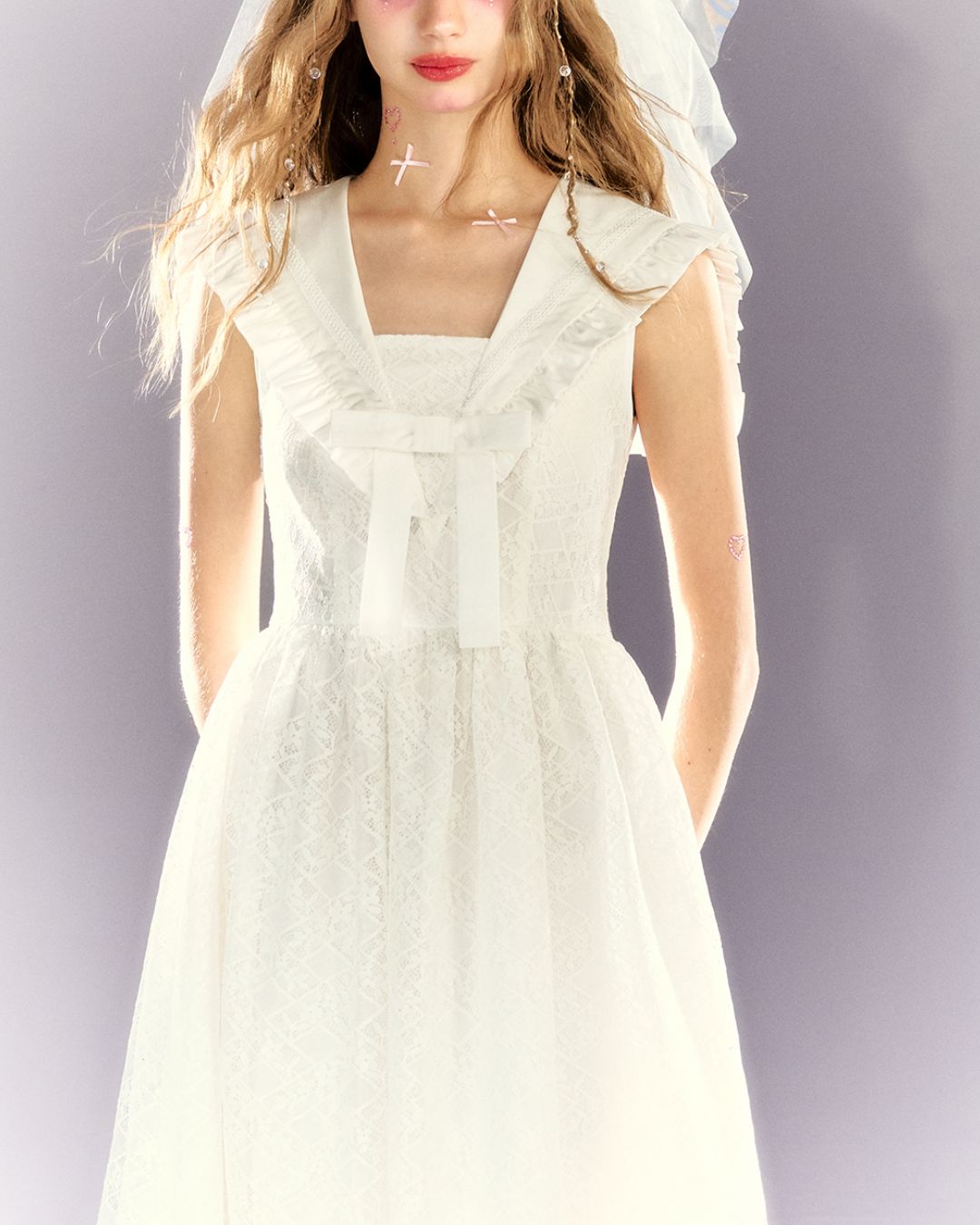 White Lace Sailor Collar Dress　DR023