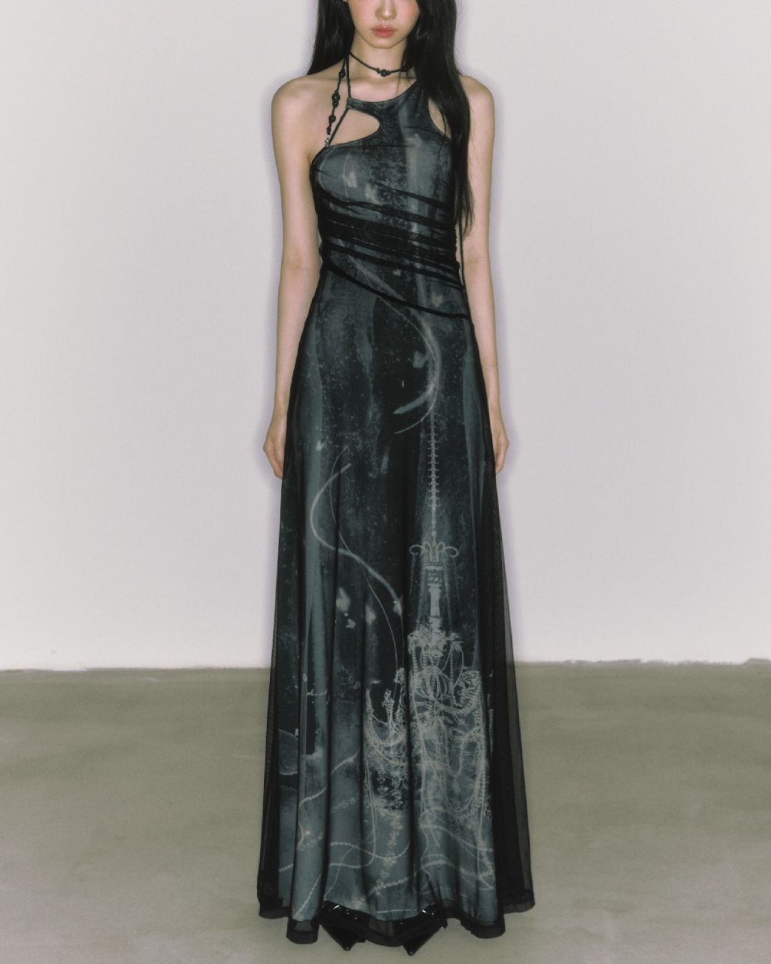 Mesh Print Beaded Halter Neck Long Dress　DR014