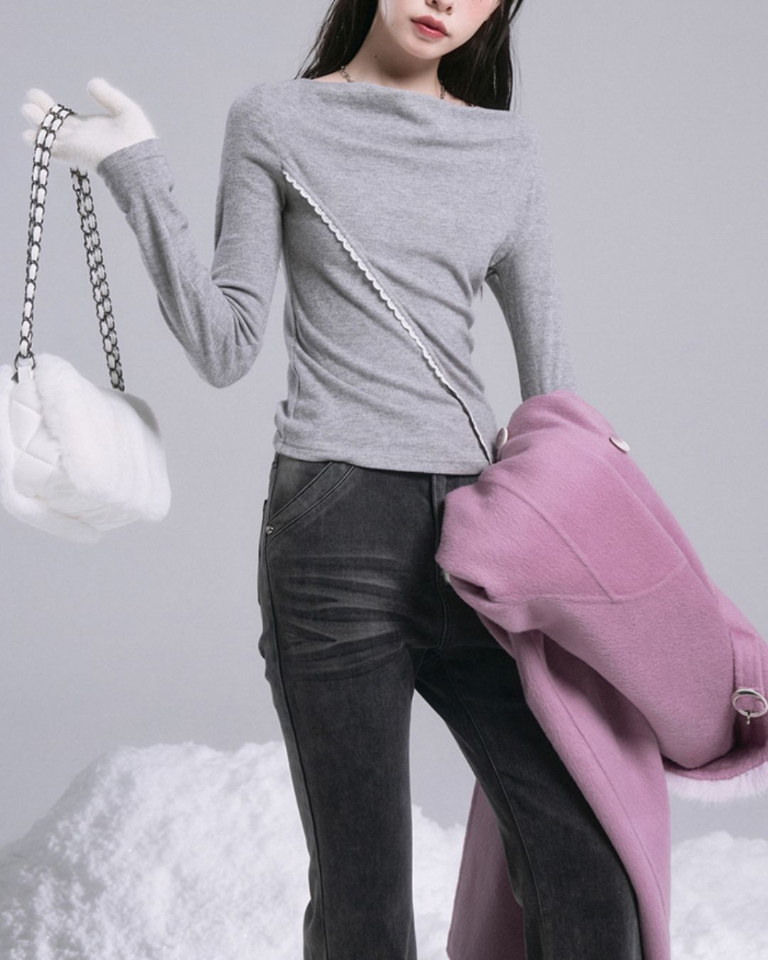 Draped Boat Neck Lace Seam Top　TP046