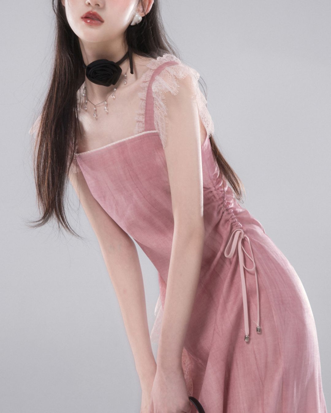 Side Waist Drawstring Lace Embellished Long Dress　DR042