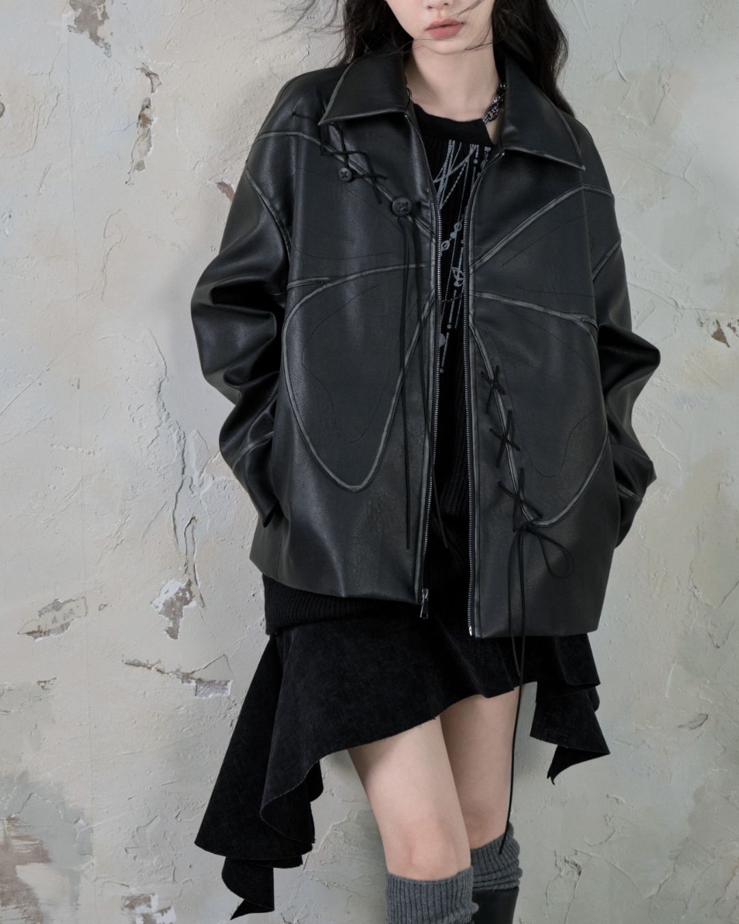 Leather And Suede Metallic Belt Asymmetric Skirt　BT019