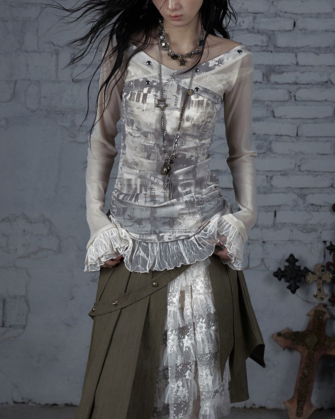 Cross Stitch Sheer Switching Top　TP044