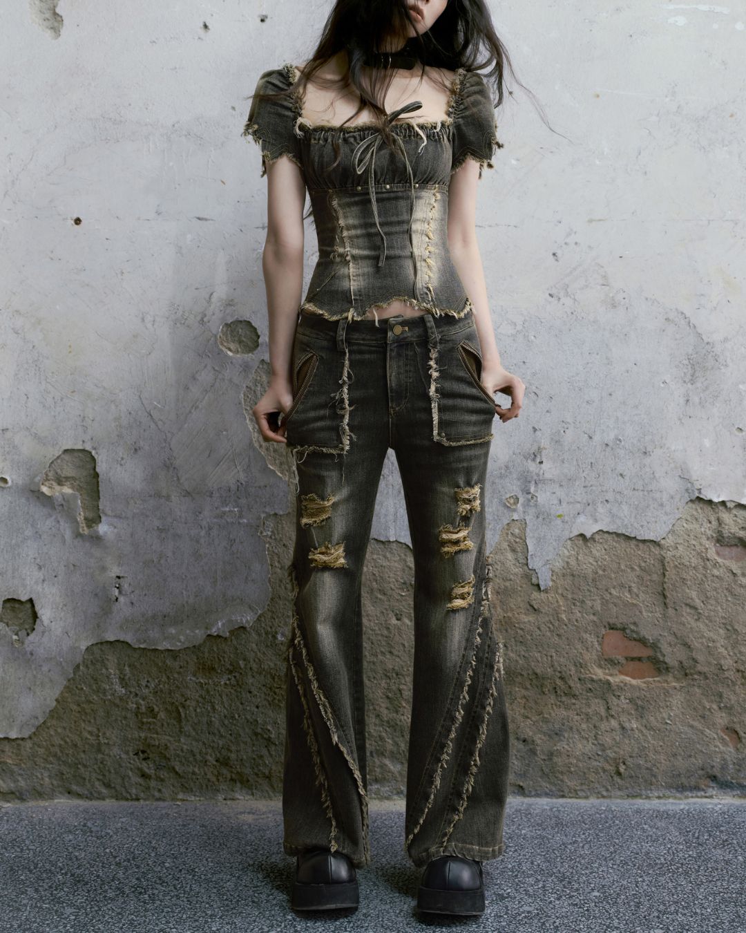 Washed Denim Puff Sleeves Top　TP029