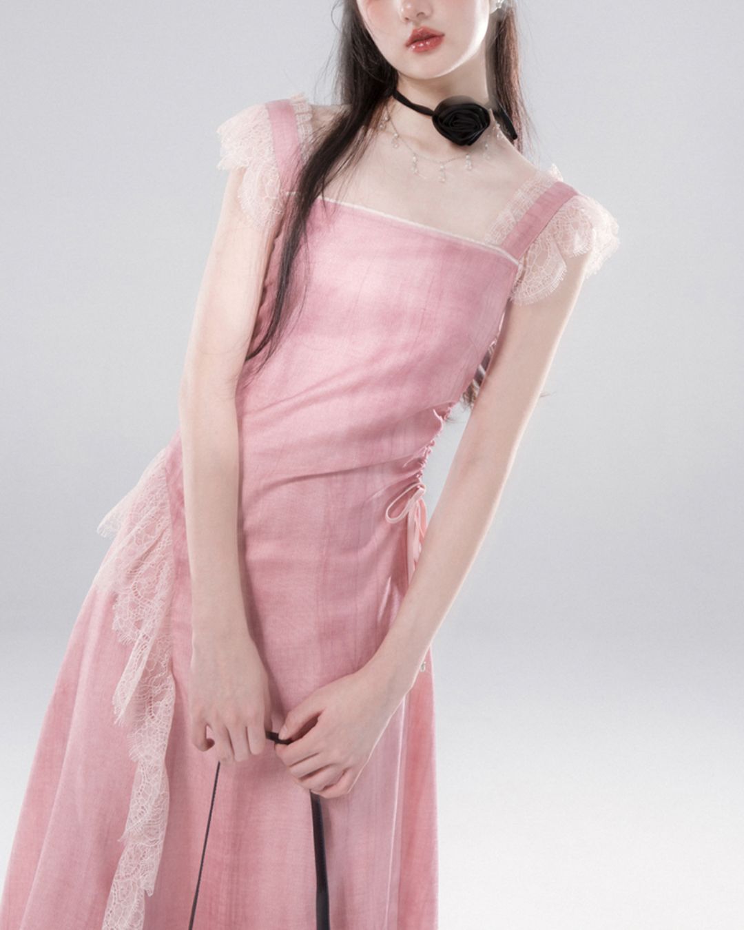 Side Waist Drawstring Lace Embellished Long Dress　DR042