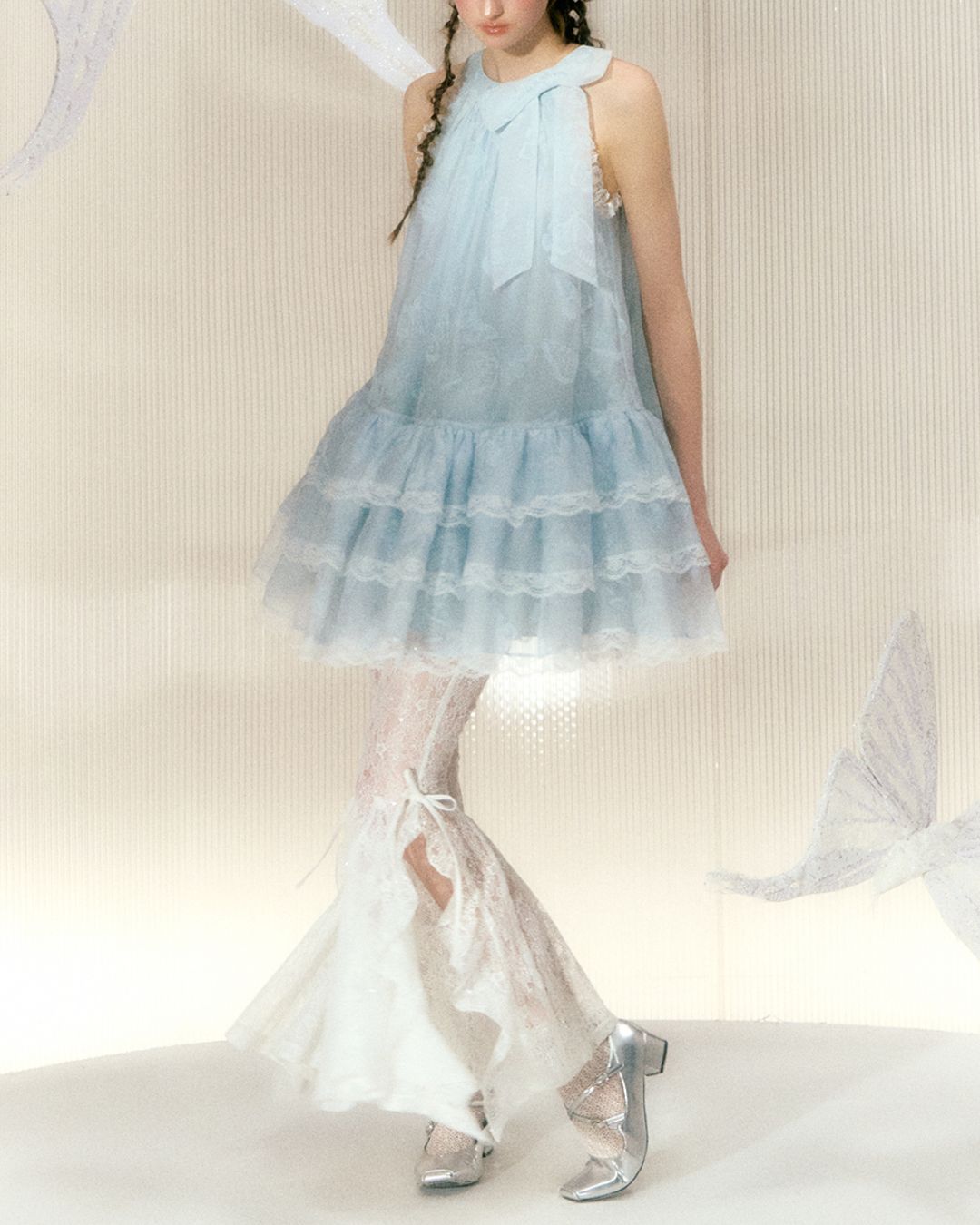 Halter Neck Butterfly Print Organza Lace Mini Dress　DR028