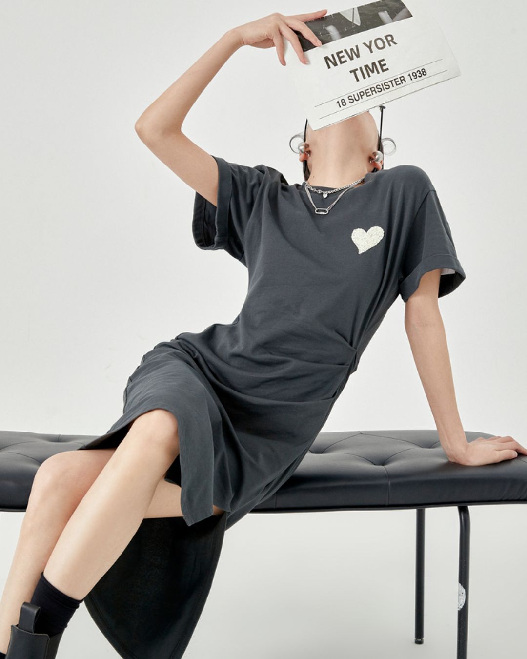 One-point Heart T-shirt Dress　DR043