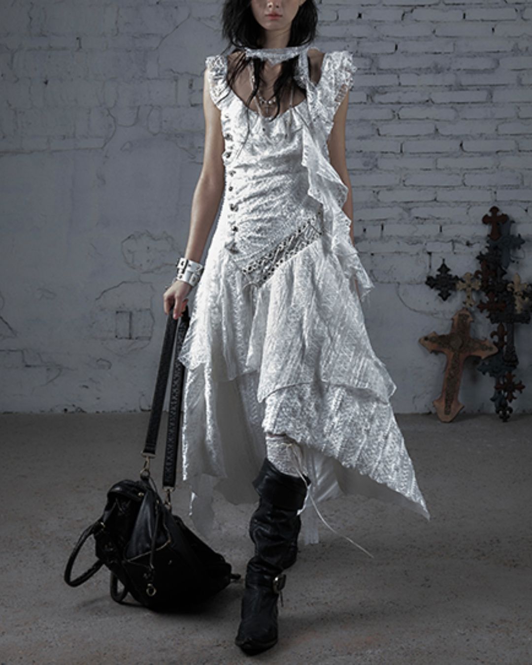 Sleeveless White Lace Asymmetrical Dress　DR038