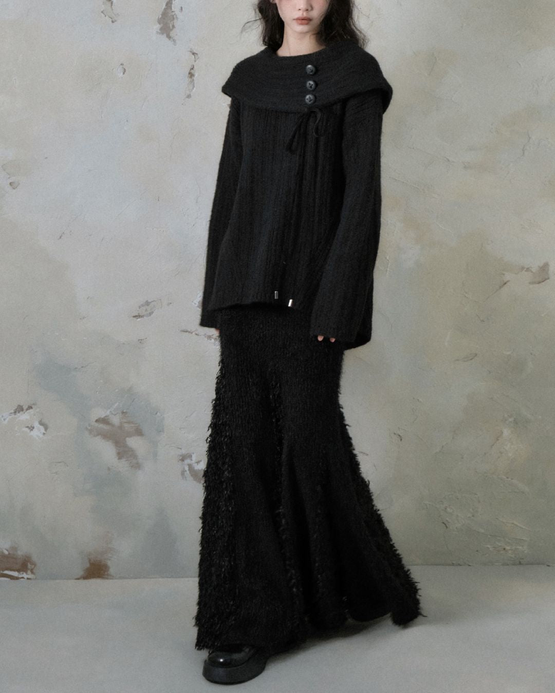 Button Ribbon Off Shoulder Knit　TP022