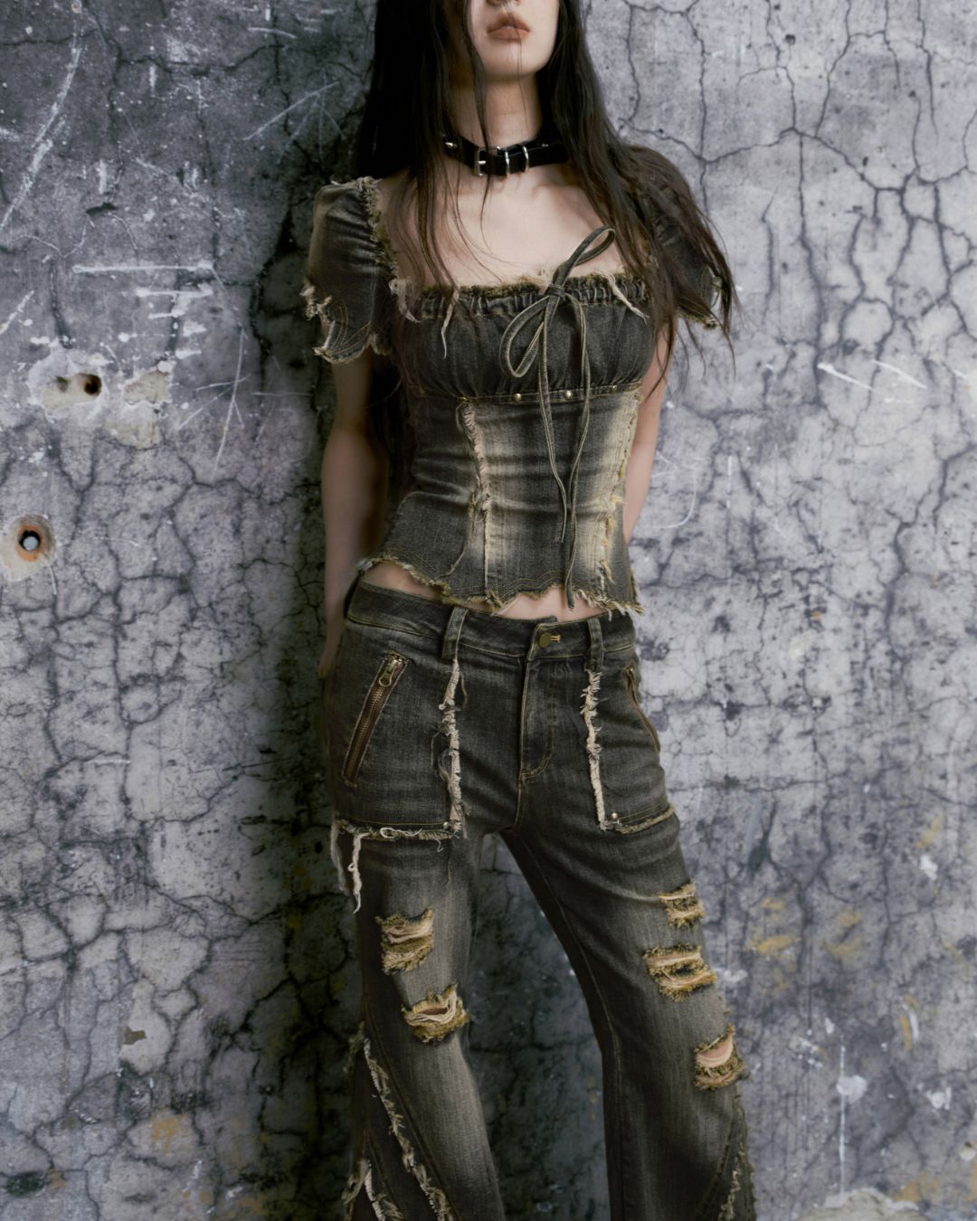 Washed Denim Puff Sleeves Top　TP029