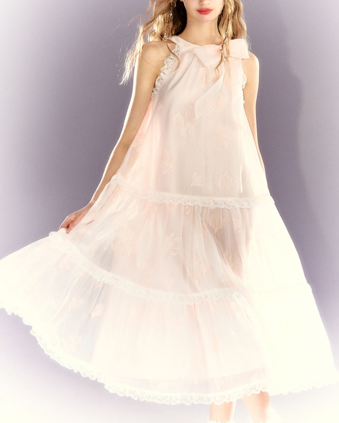 Halter Neck Floral Tiered Lace Long Dress　DR025