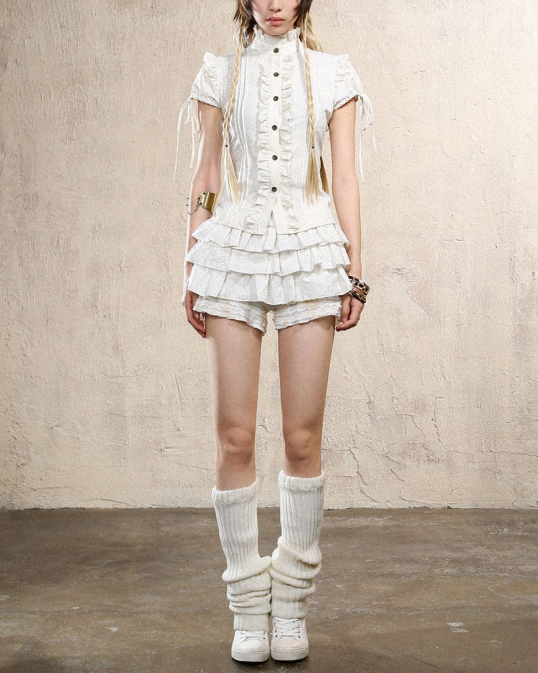 Stand Collar Leopard Print Frill Shirt　TP051