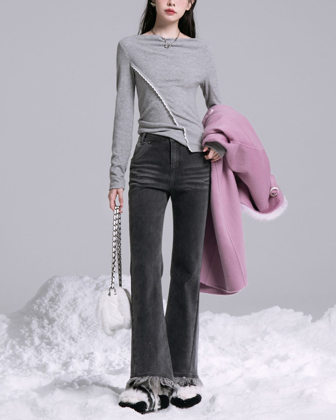 Draped Boat Neck Lace Seam Top　TP046