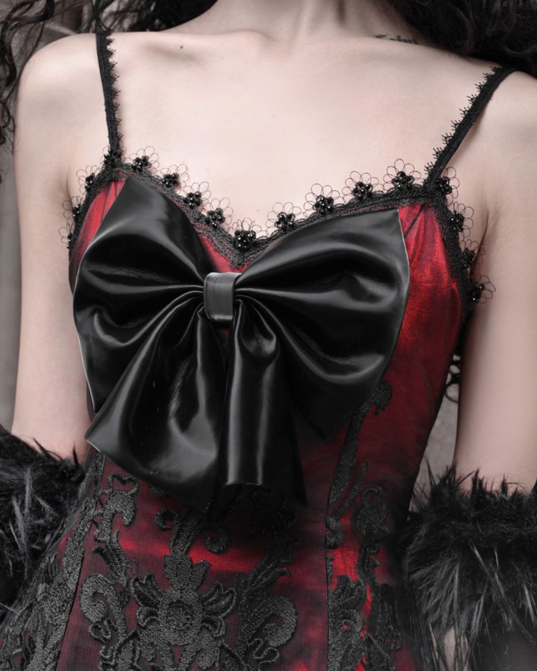 Black Lace Leather Ribbon Dress　DR034