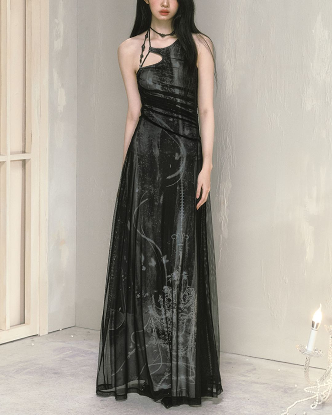 Mesh Print Beaded Halter Neck Long Dress　DR014