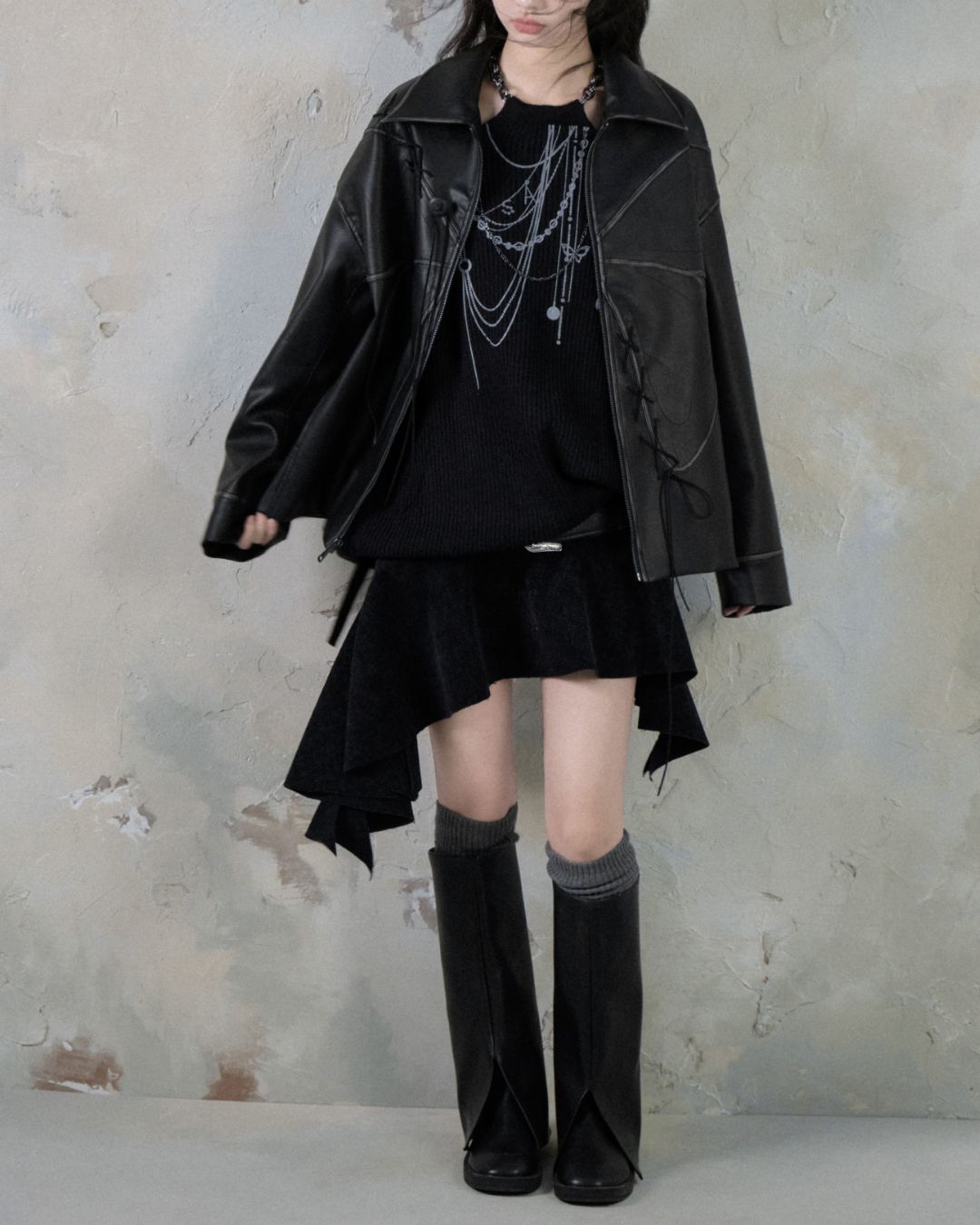 Leather And Suede Metallic Belt Asymmetric Skirt　BT019