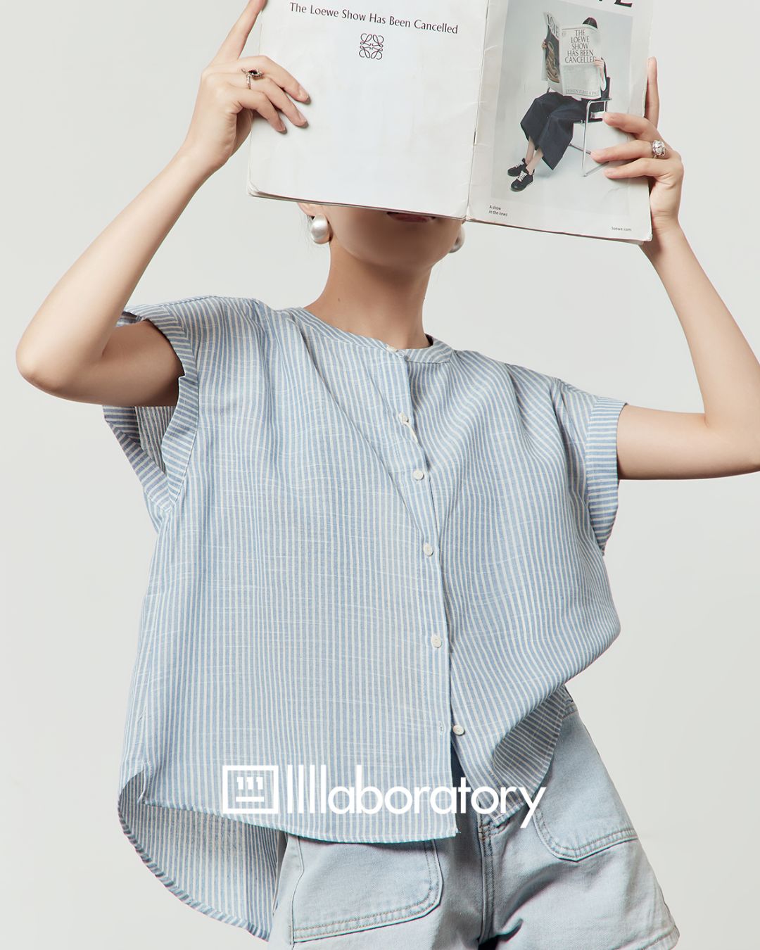 Blue Striped Collarless Shirt　TP058