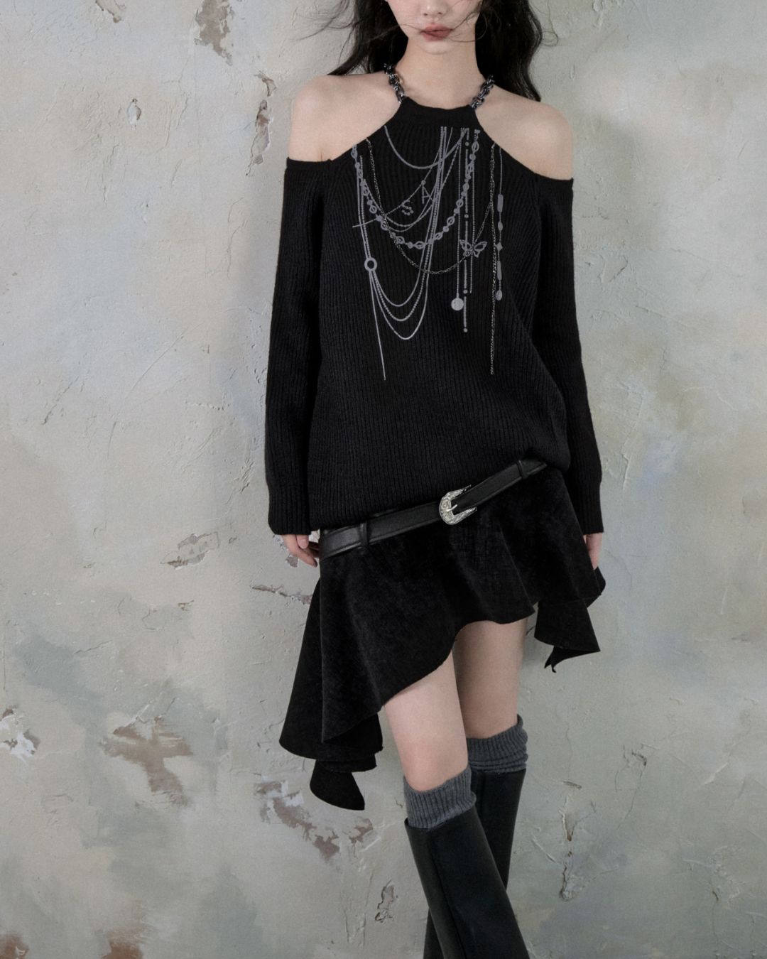 Leather And Suede Metallic Belt Asymmetric Skirt　BT019