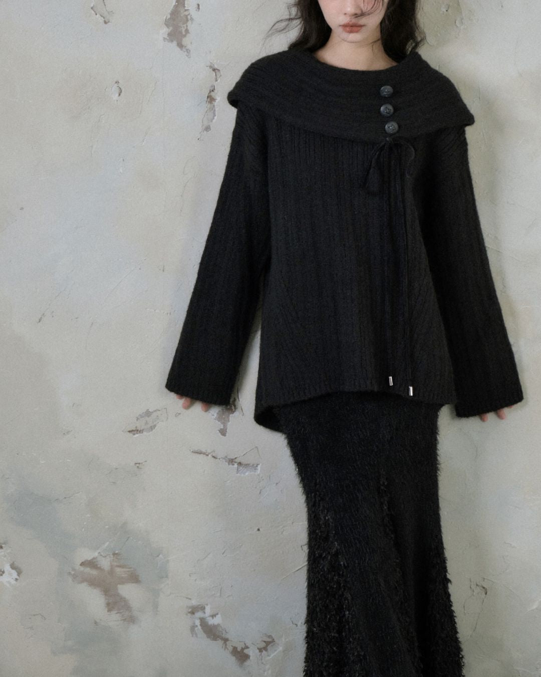 Button Ribbon Off Shoulder Knit　TP022