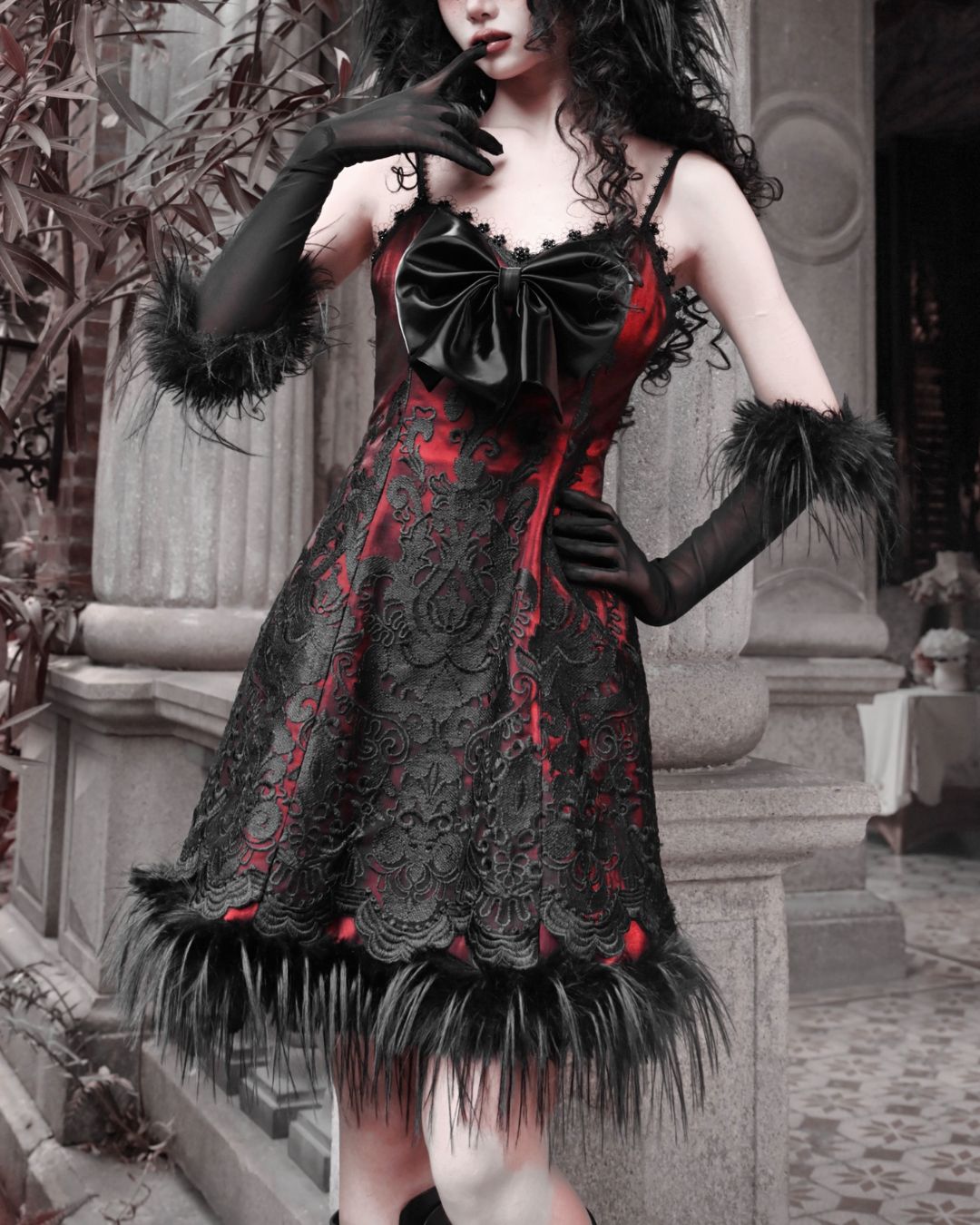 Black Lace Leather Ribbon Dress　DR034