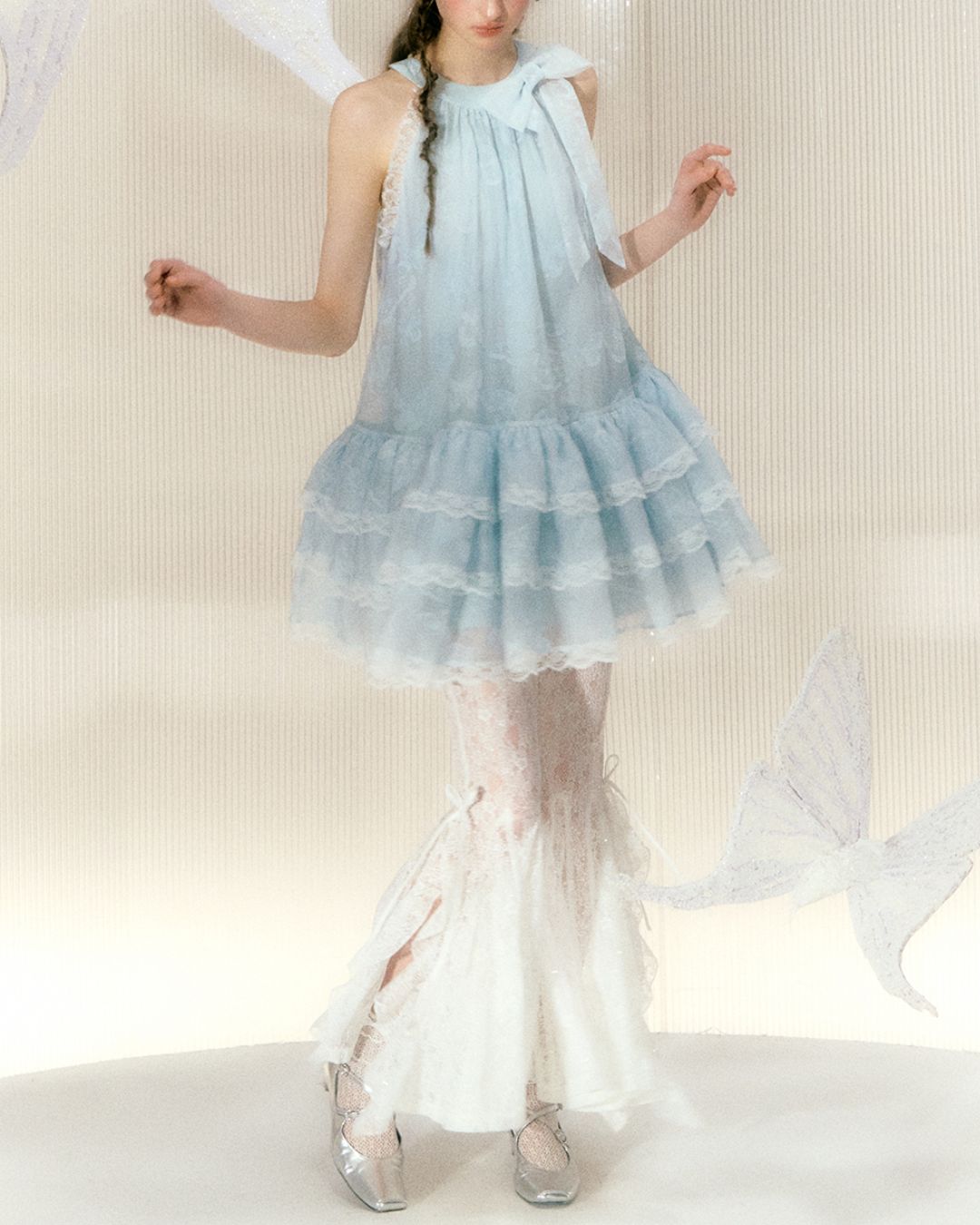 Halter Neck Butterfly Print Organza Lace Mini Dress　DR028