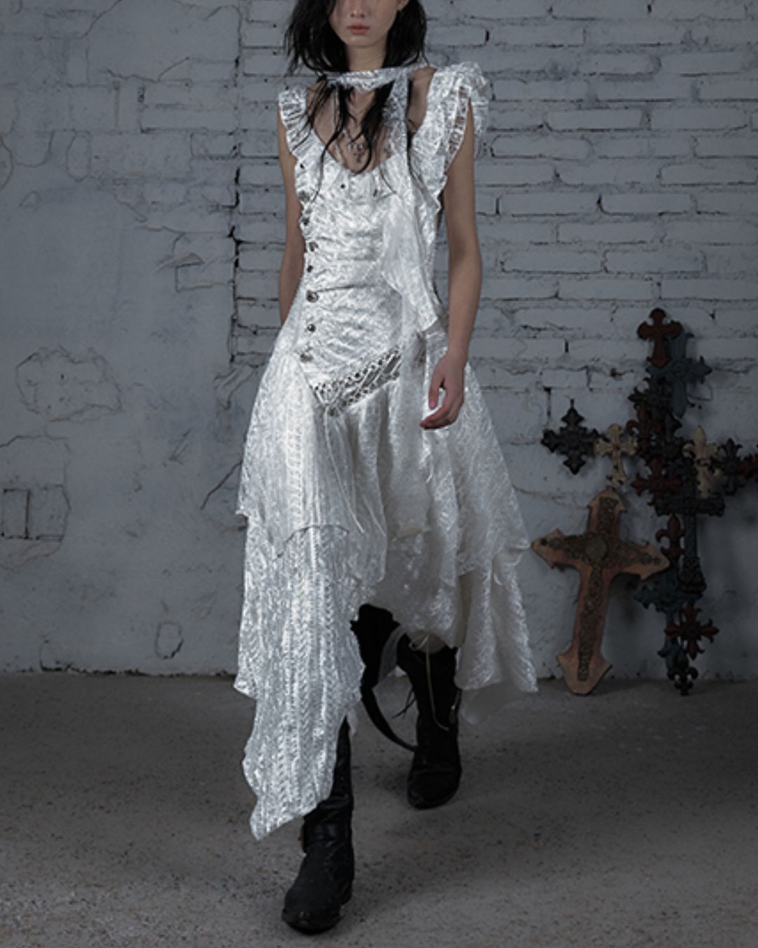 Sleeveless White Lace Asymmetrical Dress　DR038
