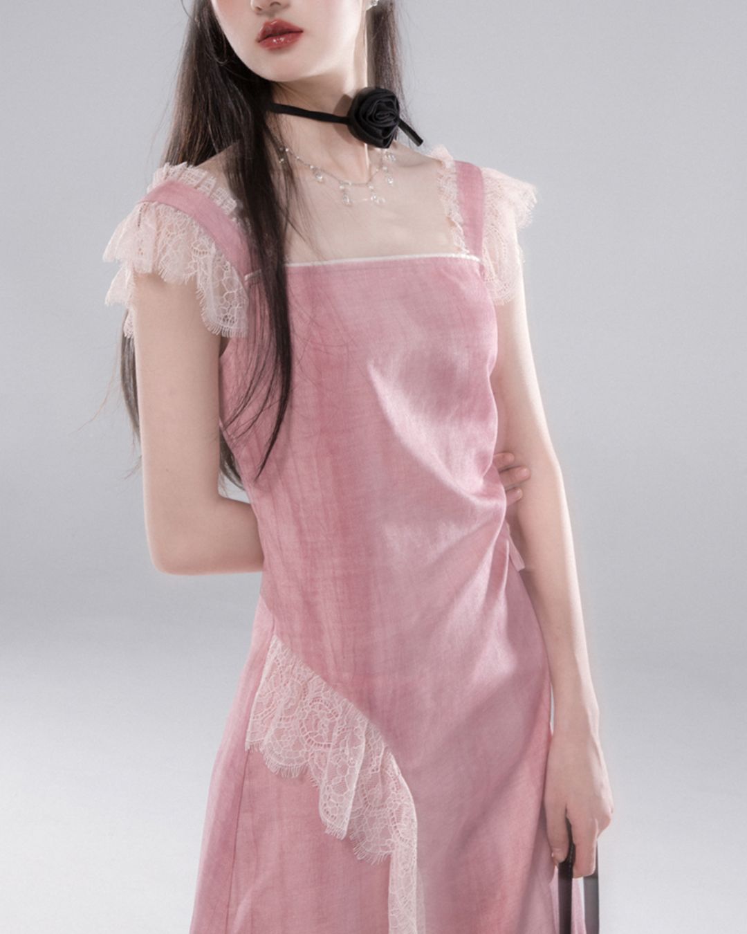 Side Waist Drawstring Lace Embellished Long Dress　DR042