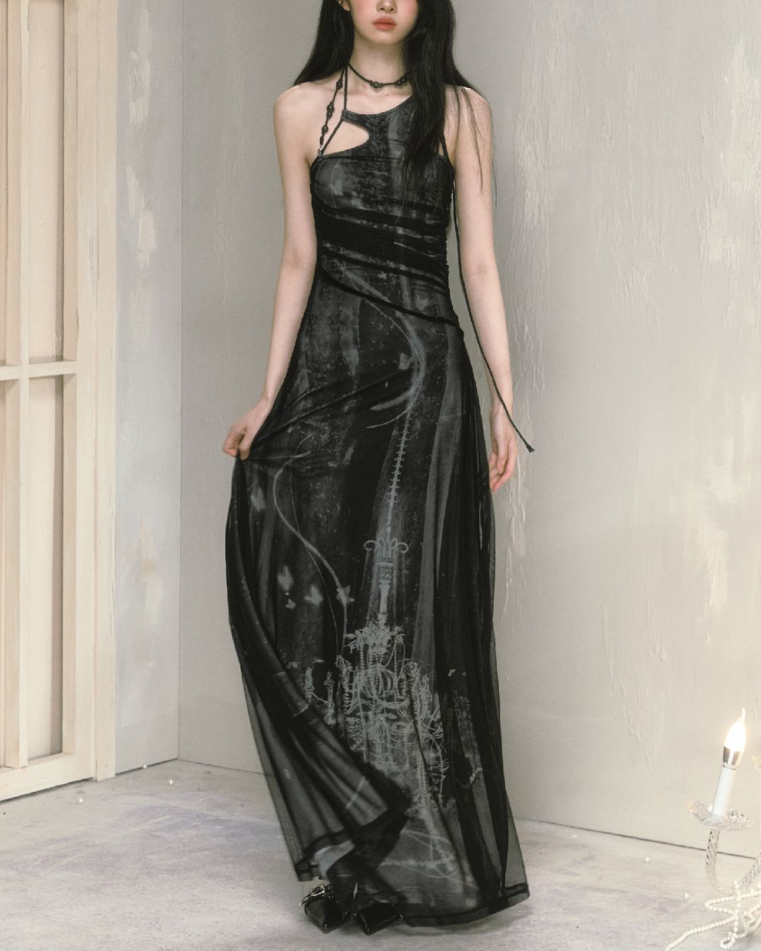 Mesh Print Beaded Halter Neck Long Dress　DR014