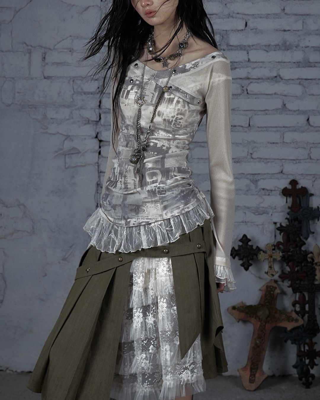 Cross Stitch Sheer Switching Top　TP044