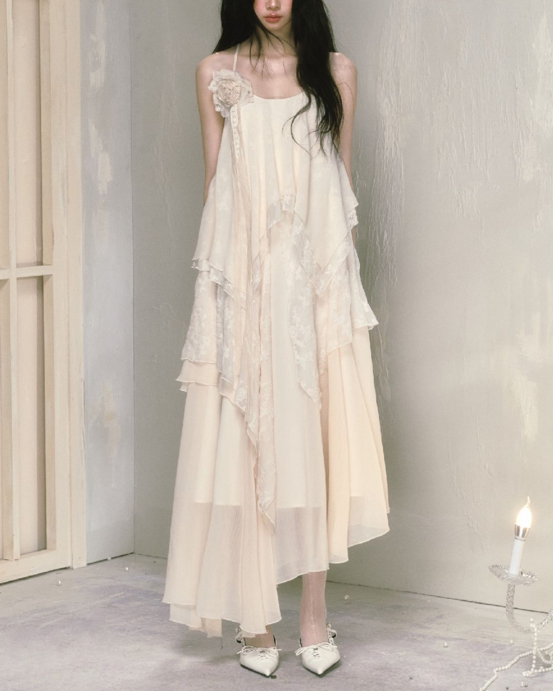 Rose Brooch Lace Asymmetrical Dress　DR013