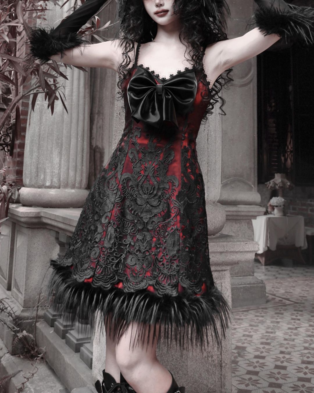 Black Lace Leather Ribbon Dress　DR034