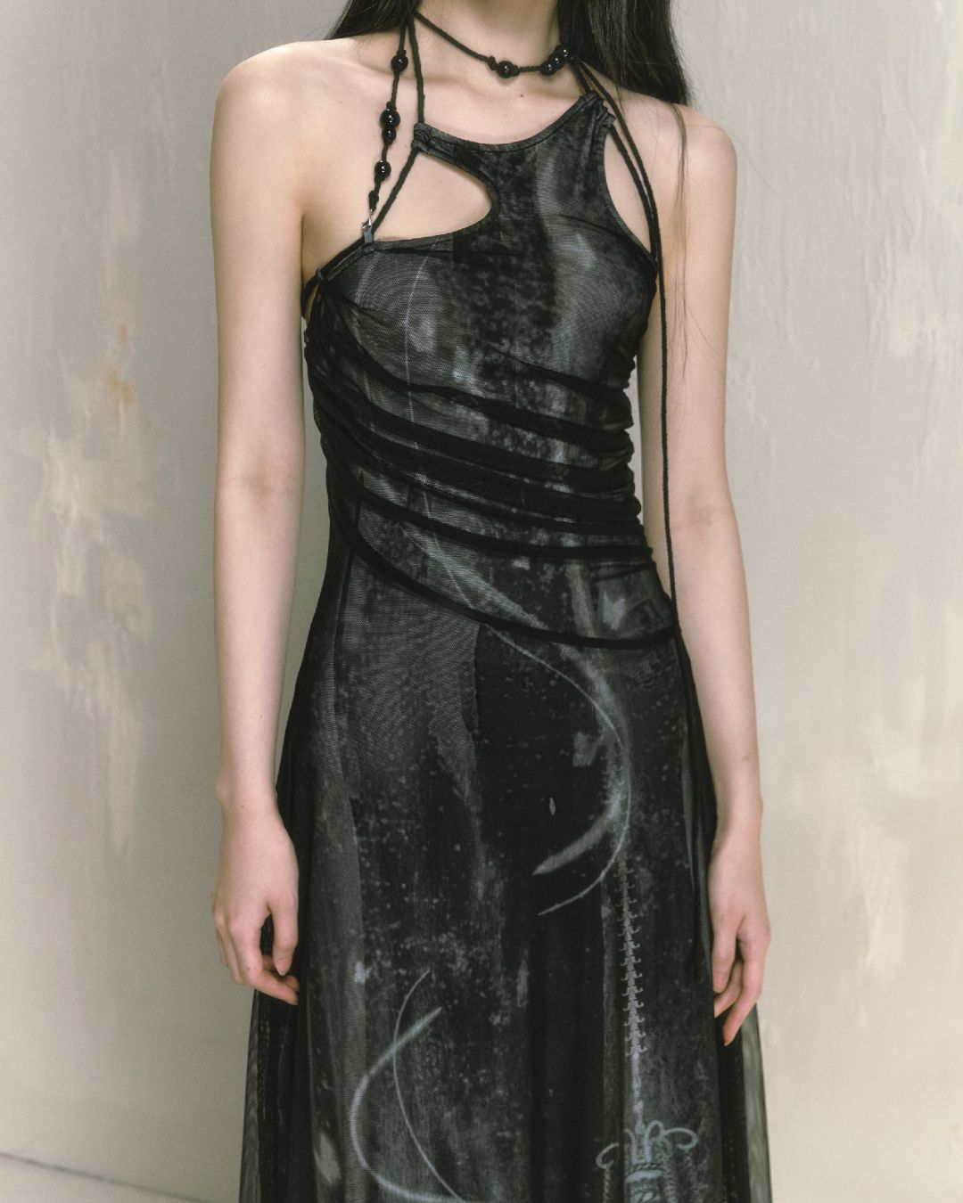 Mesh Print Beaded Halter Neck Long Dress　DR014