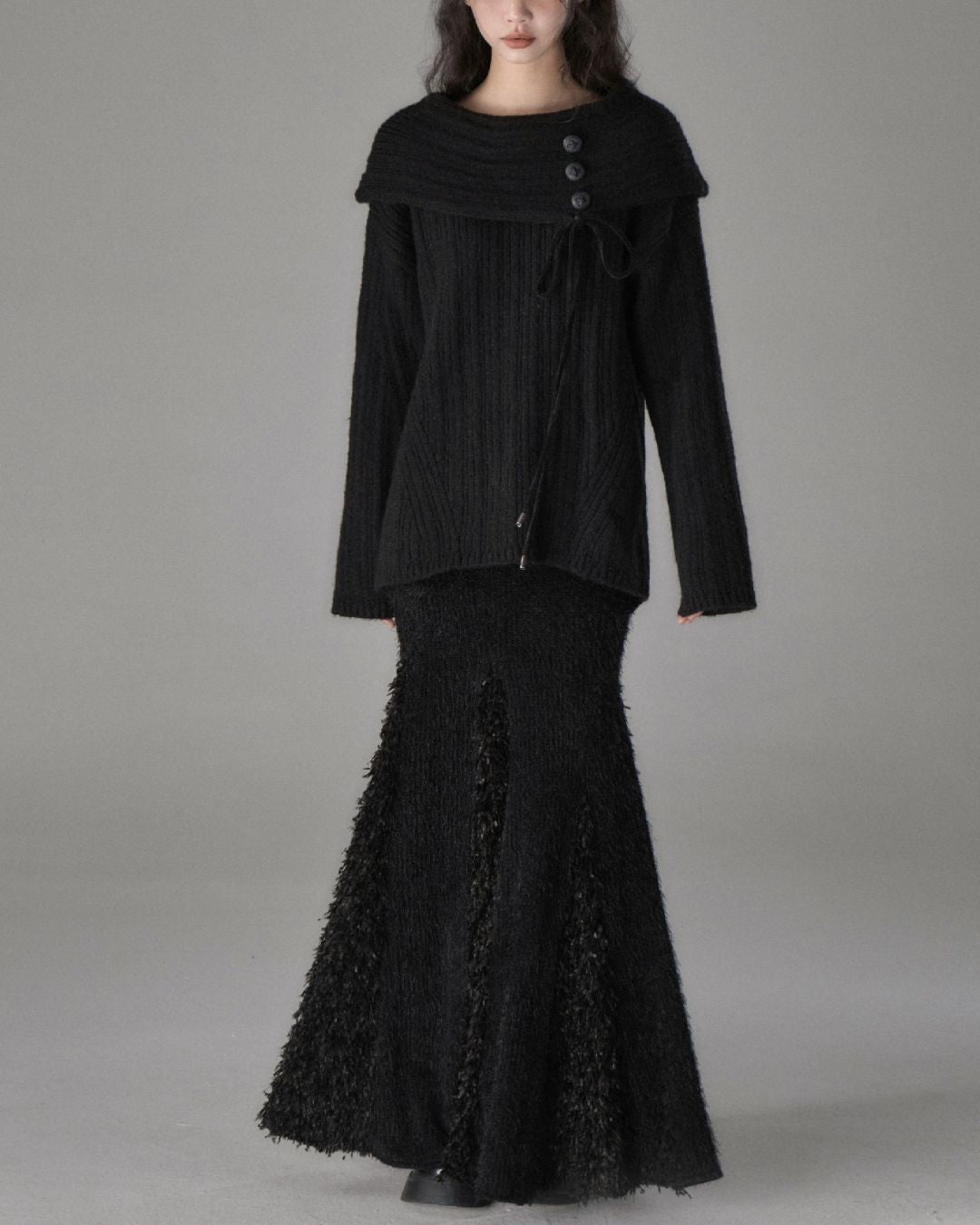 Button Ribbon Off Shoulder Knit　TP022