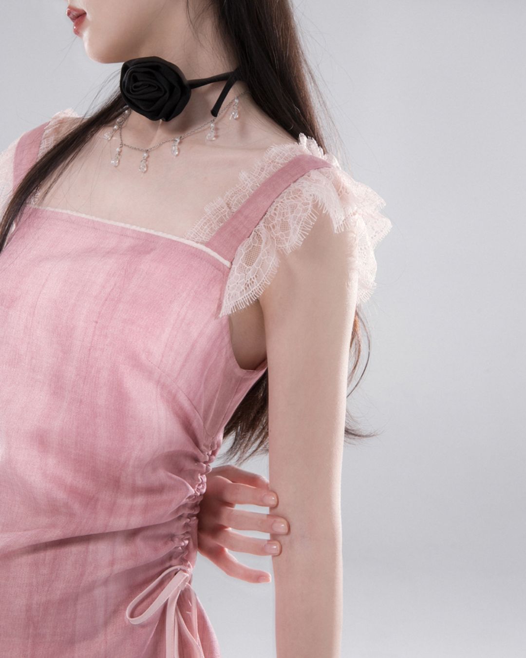 Side Waist Drawstring Lace Embellished Long Dress　DR042