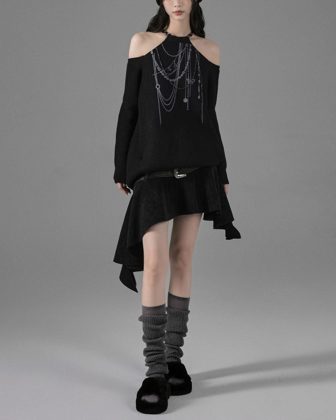 Leather And Suede Metallic Belt Asymmetric Skirt　BT019