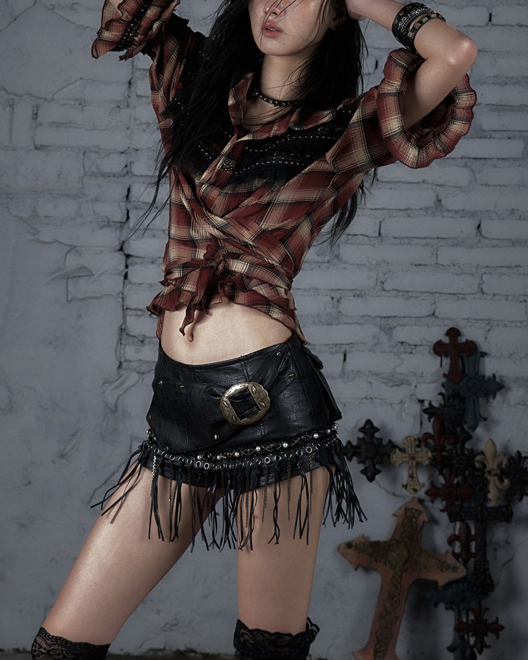 3/4 Sleeve Front Tie Check Shirt　TP043