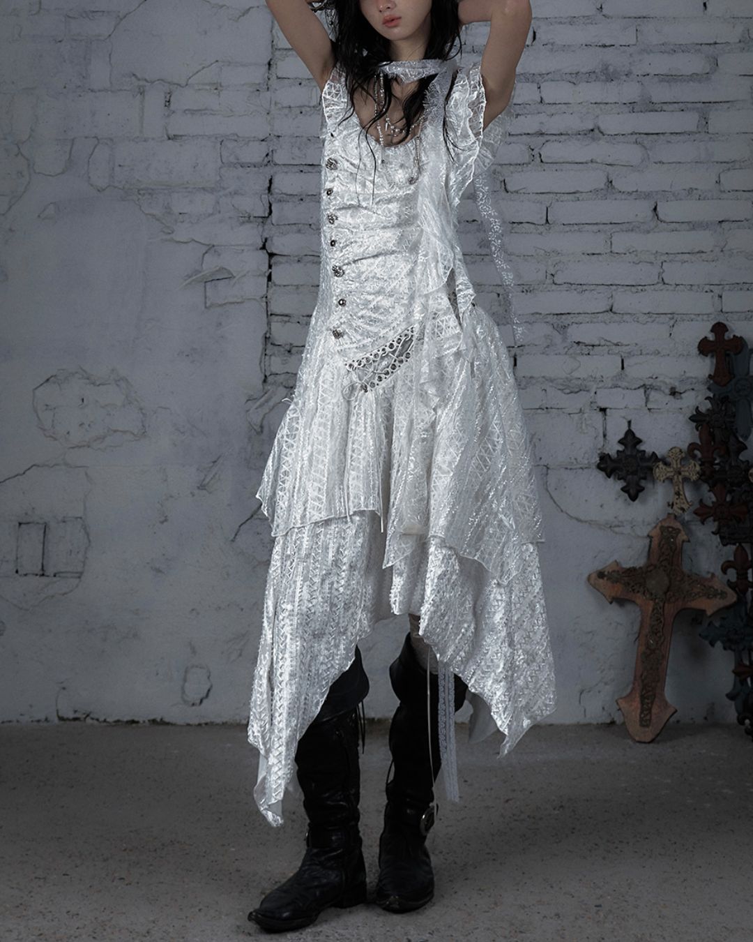 Sleeveless White Lace Asymmetrical Dress　DR038