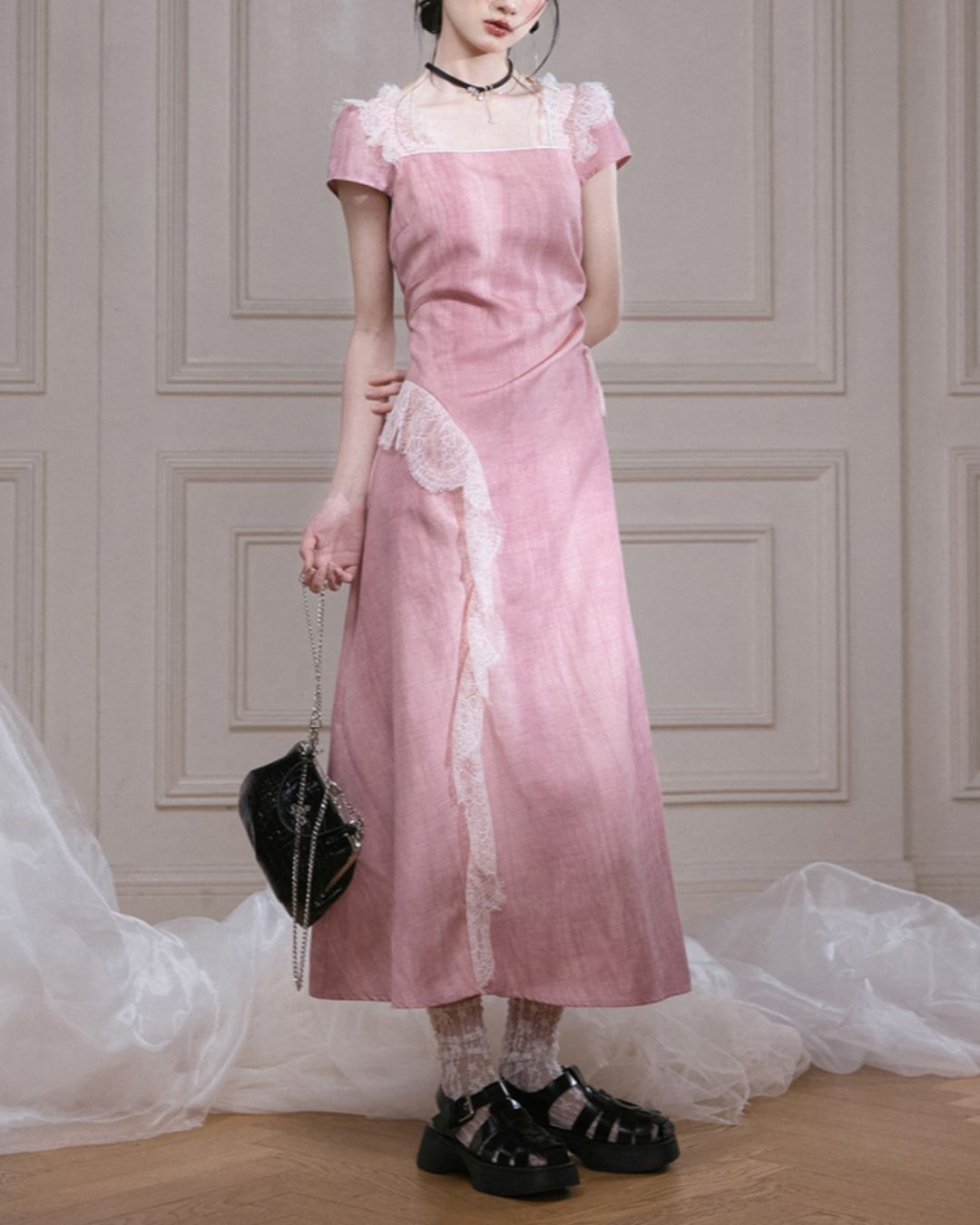 Side Waist Drawstring Lace Embellished Long Dress　DR042