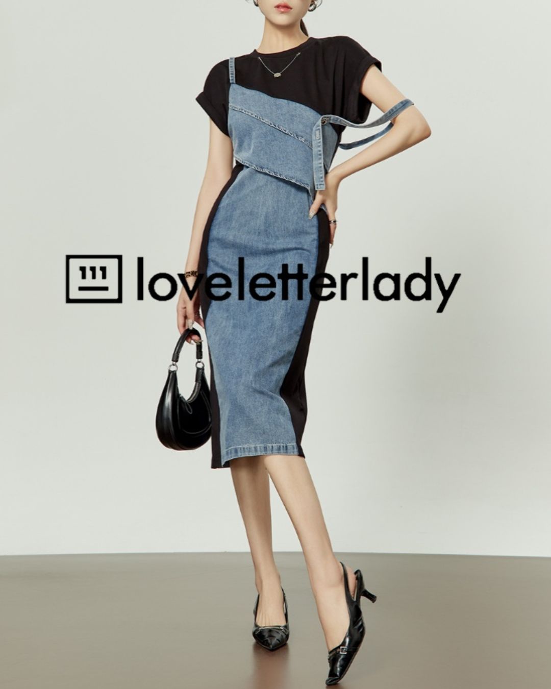 Denim Switching French Sleeve Dress　DR045