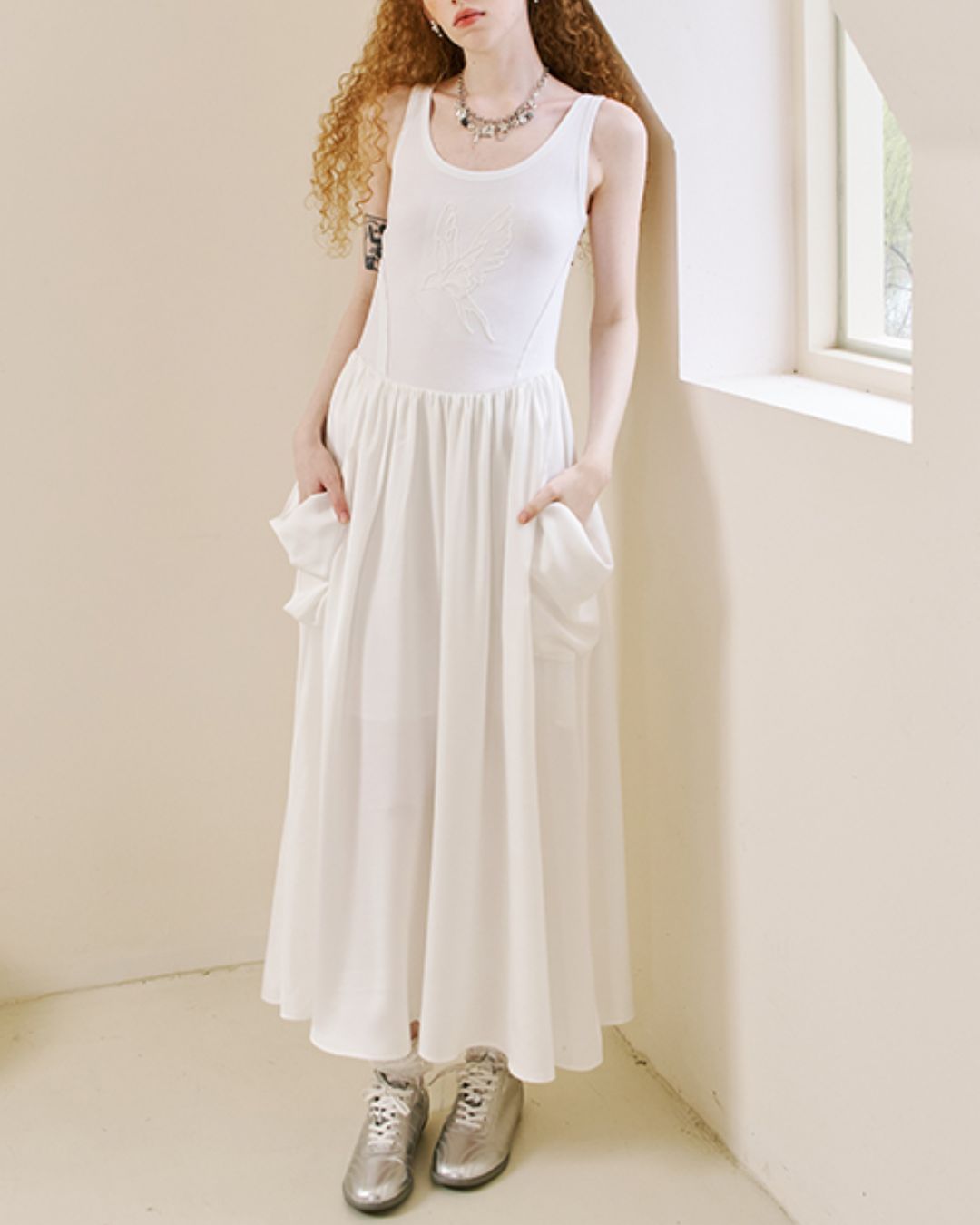 Swallow Embroidery Big Pocket Long Dress　DR036